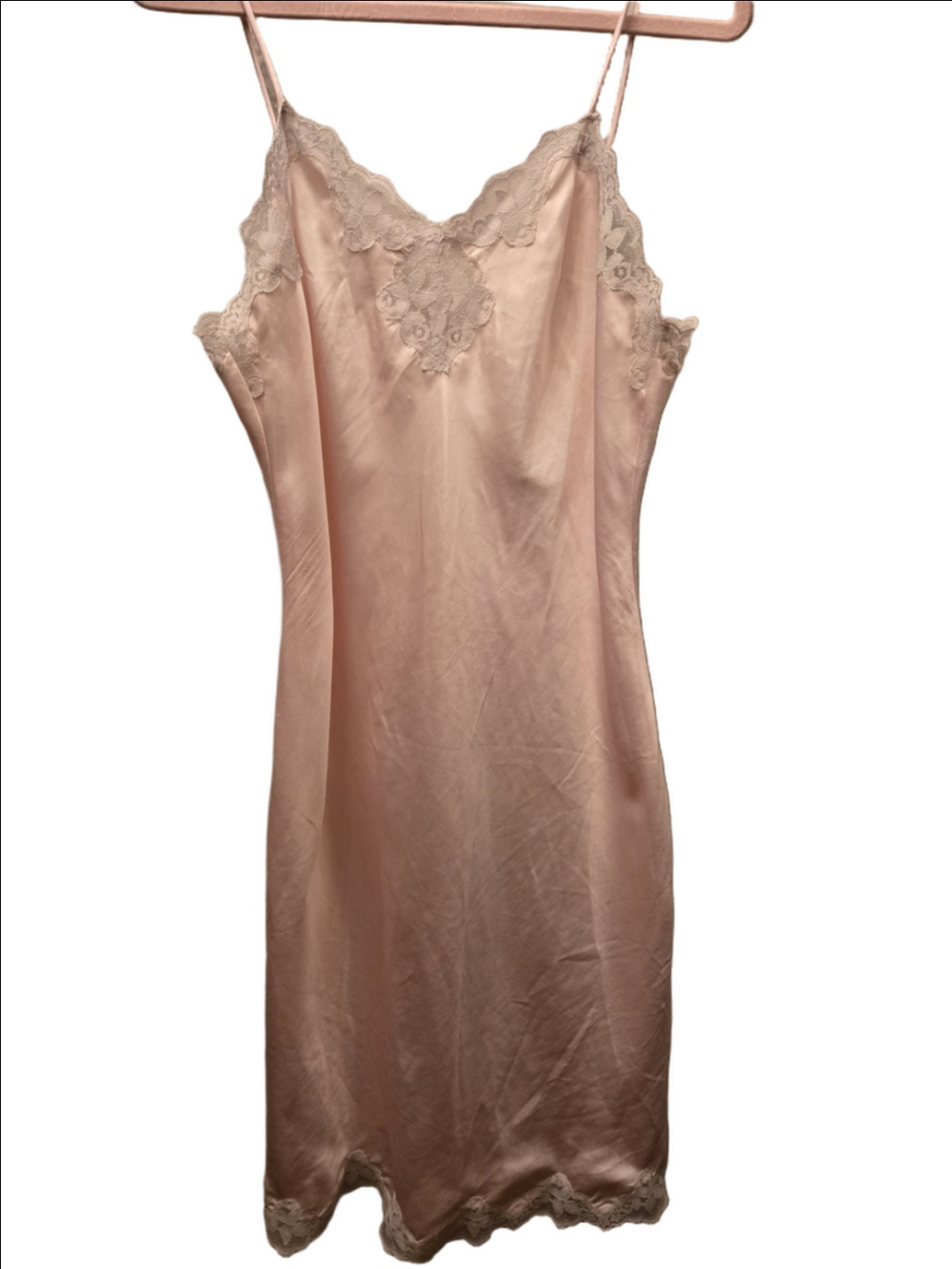 Vintage Pink Satin Lace Slip Dress Nightgown Lingerie Chemise